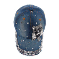 New Owl Denim Rhinestone Flat Creative Caps - sparklingselections