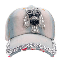 New Owl Denim Rhinestone Flat Creative Caps - sparklingselections