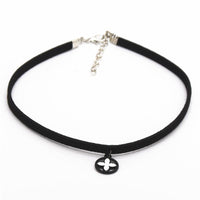 Pure Black Velvet Leather Round Clover Pendant Necklace - sparklingselections