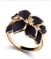 Rose Gold Black Enamel Flower Ring For Women - sparklingselections