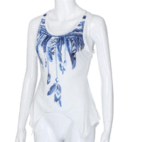 New Women Blue Feather Printing Sleeveless Top - sparklingselections