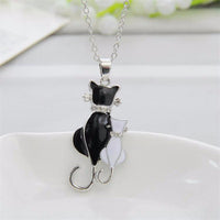Silver Plated Black and White Cat Pendant Necklace for Women
