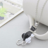 Silver Plated Black and White Cat Pendant Necklace for Women