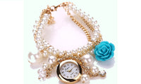 Rose Flower Pearl Round Dial Analog Quartz Bracelet Wrist Watch - sparklingselections
