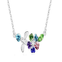 Austrian Crystal Rhinestones Flower Bee Pendant Necklace Link Chain Women Jewelry (Silver Blue, Multicolor)