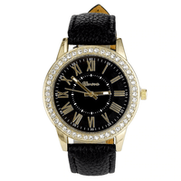 New Fashionable Women's Leather Band Roman Rhinestone Quartz Wrist Watch for women - sparklingselections