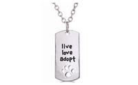 Silver Plated Rectangular Dog Tag Style Pendant Necklaces" Live Love Adopt" Pet Rescue Paw Print Tag - sparklingselections