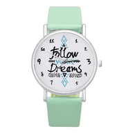Follow your Dreams Words Pattern Leather Watch Fashion Green Strap Quartz Wristwatches - sparklingselections