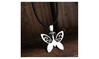 Butterfly Stainless Steel Pendant Leather Chain Necklace - sparklingselections